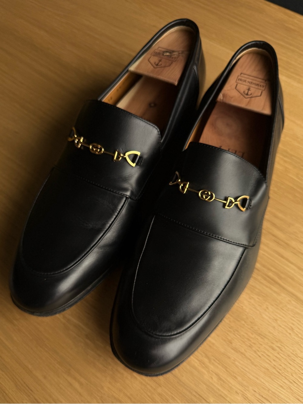 Gucci Men’s Black Leather Horsebit Loafers Gold GG Hardware Size 9.5 Italy
